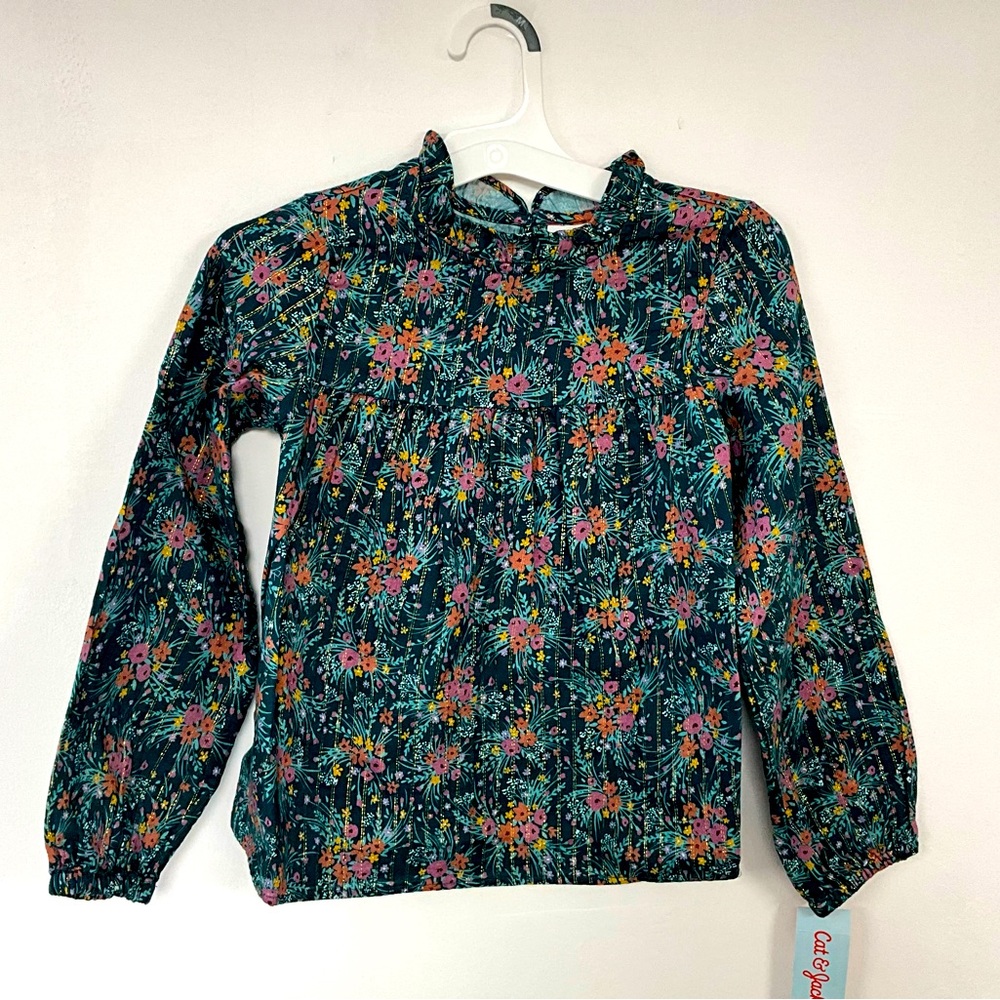 Cat & Jack Girl Floral metallic Tunic long sleeve blouse Green